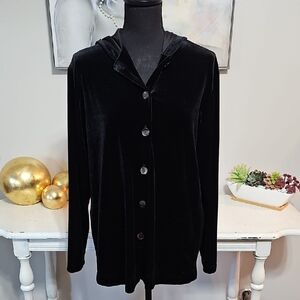 ✨ Chico's Design Black Stretch Velvet Hooded Jacket Pockets Size 1 EUC